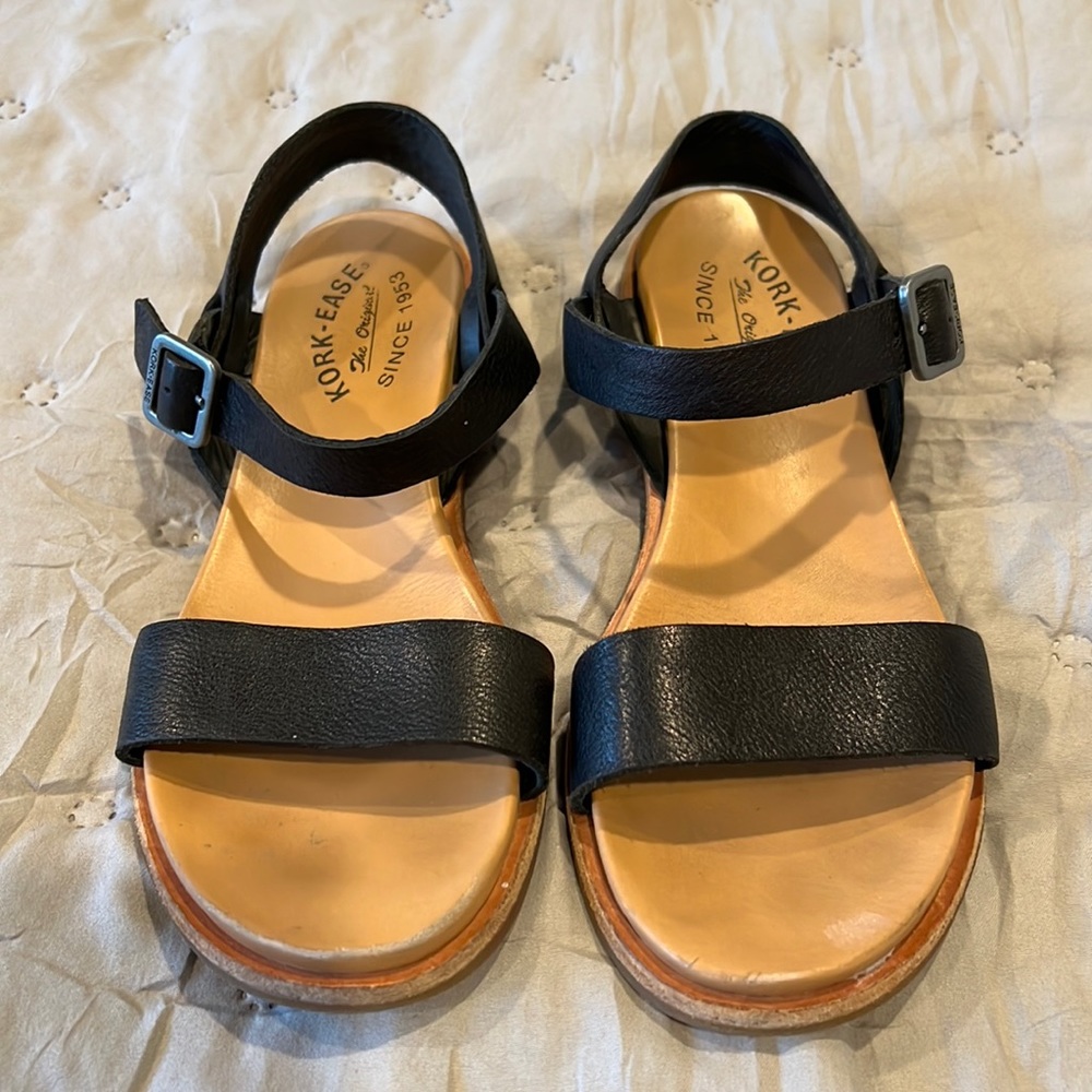 Kork-Ease Black Leather Two-Strap Sandals